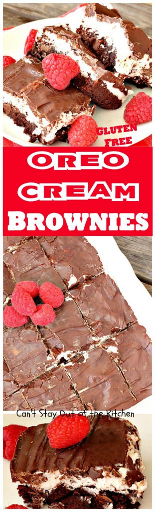 Oreo Cream Brownies | Can't Stay Out of the Kitchen | these decadent #brownies start with a #glutenfree brownie mix. Then they're iced with an #Oreo cream type mixture and glazed with melted #chocolate chips. Amazing #dessert.