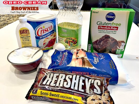 Oreo Cream Brownies | Can't Stay Out of the Kitchen | these decadent #brownies start with a #glutenfree brownie mix. Then they're iced with an #Oreo cream type mixture and glazed with melted #chocolate chips. Amazing #dessert.