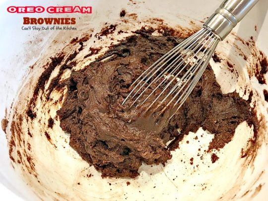Oreo Cream Brownies | Can't Stay Out of the Kitchen | these decadent #brownies start with a #glutenfree brownie mix. Then they're iced with an #Oreo cream type mixture and glazed with melted #chocolate chips. Amazing #dessert.