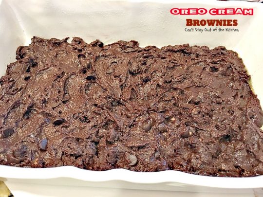 Oreo Cream Brownies | Can't Stay Out of the Kitchen | these decadent #brownies start with a #glutenfree brownie mix. Then they're iced with an #Oreo cream type mixture and glazed with melted #chocolate chips. Amazing #dessert.