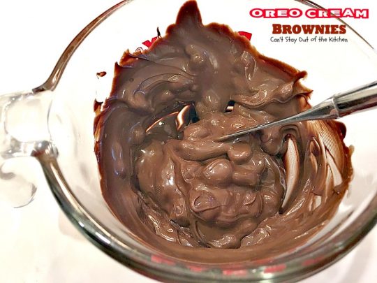 Oreo Cream Brownies | Can't Stay Out of the Kitchen | these decadent #brownies start with a #glutenfree brownie mix. Then they're iced with an #Oreo cream type mixture and glazed with melted #chocolate chips. Amazing #dessert.