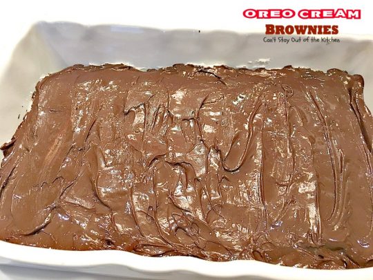 Oreo Cream Brownies | Can't Stay Out of the Kitchen | these decadent #brownies start with a #glutenfree brownie mix. Then they're iced with an #Oreo cream type mixture and glazed with melted #chocolate chips. Amazing #dessert.