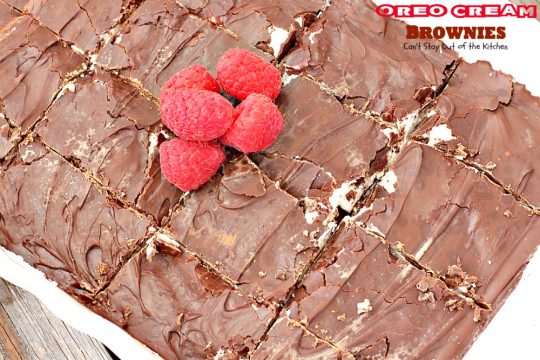 Oreo Cream Brownies | Can't Stay Out of the Kitchen | these decadent #brownies start with a #glutenfree brownie mix. Then they're iced with an #Oreo cream type mixture and glazed with melted #chocolate chips. Amazing #dessert.