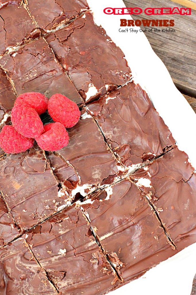 Oreo Cream Brownies | Can't Stay Out of the Kitchen | these decadent #brownies start with a #glutenfree brownie mix. Then they're iced with an #Oreo cream type mixture and glazed with melted #chocolate chips. Amazing #dessert.
