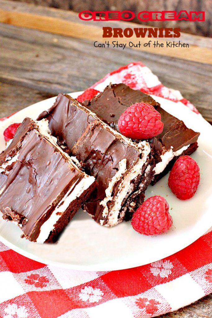 Oreo Cream Brownies | Can't Stay Out of the Kitchen | these decadent #brownies start with a #glutenfree brownie mix. Then they're iced with an #Oreo cream type mixture and glazed with melted #chocolate chips. Amazing #dessert.