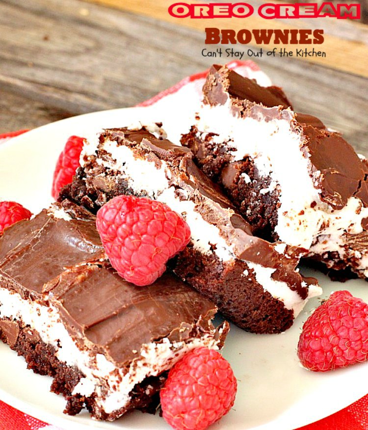 Oreo Cream Brownies | Can't Stay Out of the Kitchen | these decadent #brownies start with a #glutenfree brownie mix. Then they're iced with an #Oreo cream type mixture and glazed with melted #chocolate chips. Amazing #dessert.