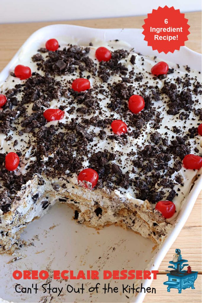 Oreo Éclair Dessert | Can't Stay Out of the Kitchen | This is the ultimate in a luscious, drool-worthy #dessert. It tastes like eating #Éclairs with #Oreos in them yet uses only 6 ingredients! It's topped with a delightful #CreamCheese icing that increases the flavor even more. Top with more #OreoCookies & #MaraschinoCherries for a festive & beautiful company or HolidayDessert that everyone will swoon over! #OreoÉclairDessert