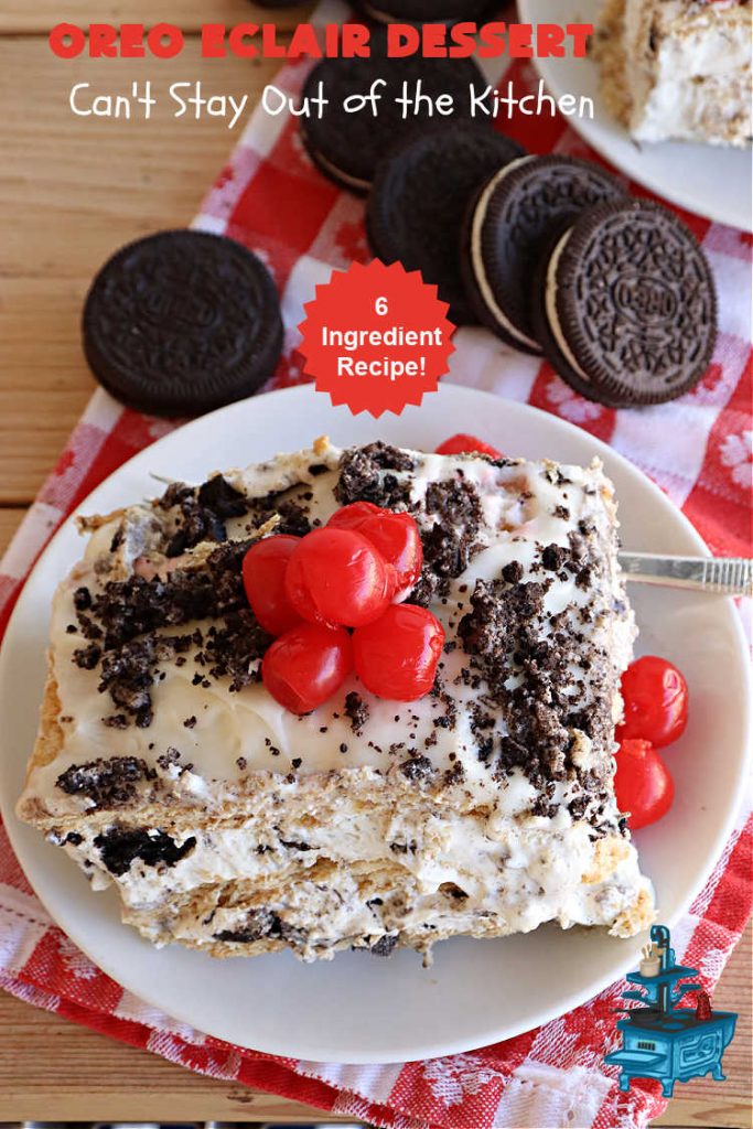 Oreo Éclair Dessert | Can't Stay Out of the Kitchen | This is the ultimate in a luscious, drool-worthy #dessert. It tastes like eating #Éclairs with #Oreos in them yet uses only 6 ingredients! It's topped with a delightful #CreamCheese icing that increases the flavor even more. Top with more #OreoCookies & #MaraschinoCherries for a festive & beautiful company or HolidayDessert that everyone will swoon over! #OreoÉclairDessert
