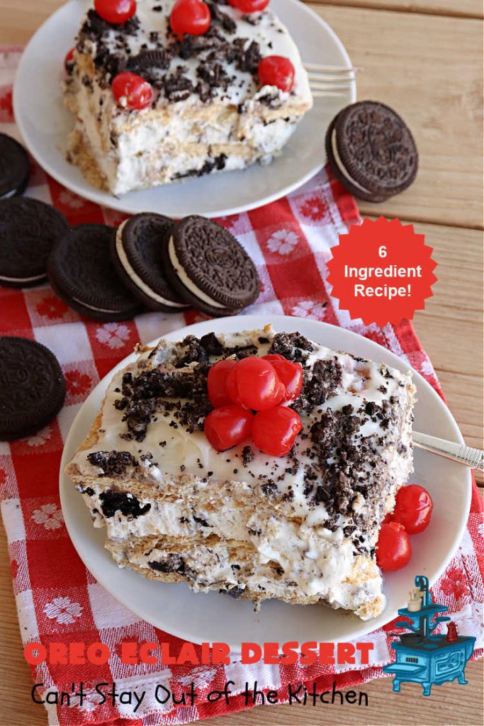 Oreo Éclair Dessert | Can't Stay Out of the Kitchen | This is the ultimate in a luscious, drool-worthy #dessert. It tastes like eating #Éclairs with #Oreos in them yet uses only 6 ingredients! It's topped with a delightful #CreamCheese icing that increases the flavor even more. Top with more #OreoCookies & #MaraschinoCherries for a festive & beautiful company or HolidayDessert that everyone will swoon over! #OreoÉclairDessert