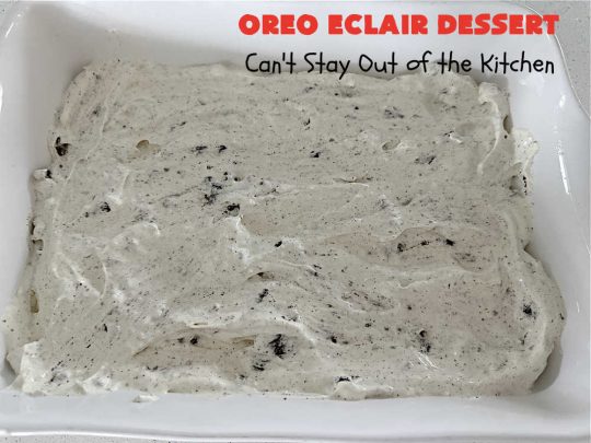 Oreo Éclair Dessert | Can't Stay Out of the Kitchen | This is the ultimate in a luscious, drool-worthy #dessert. It tastes like eating #Éclairs with #Oreos in them yet uses only 6 ingredients! It's topped with a delightful #CreamCheese icing that increases the flavor even more. Top with more #OreoCookies & #MaraschinoCherries for a festive & beautiful company or HolidayDessert that everyone will swoon over! #OreoÉclairDessert