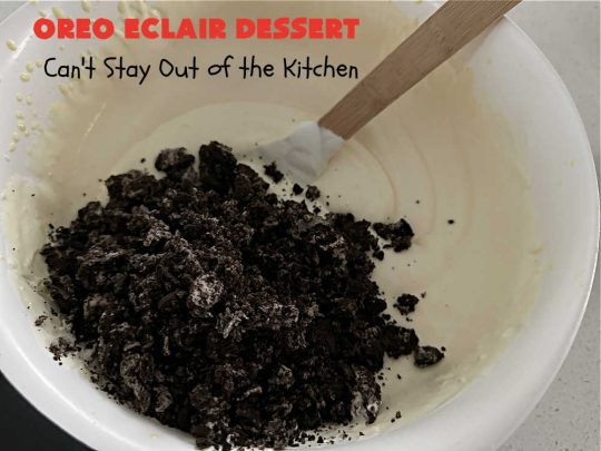 Oreo Éclair Dessert | Can't Stay Out of the Kitchen | This is the ultimate in a luscious, drool-worthy #dessert. It tastes like eating #Éclairs with #Oreos in them yet uses only 6 ingredients! It's topped with a delightful #CreamCheese icing that increases the flavor even more. Top with more #OreoCookies & #MaraschinoCherries for a festive & beautiful company or HolidayDessert that everyone will swoon over! #OreoÉclairDessert