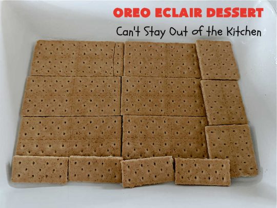 Oreo Éclair Dessert | Can't Stay Out of the Kitchen | This is the ultimate in a luscious, drool-worthy #dessert. It tastes like eating #Éclairs with #Oreos in them yet uses only 6 ingredients! It's topped with a delightful #CreamCheese icing that increases the flavor even more. Top with more #OreoCookies & #MaraschinoCherries for a festive & beautiful company or HolidayDessert that everyone will swoon over! #OreoÉclairDessert