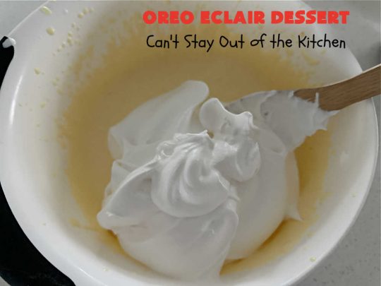Oreo Éclair Dessert | Can't Stay Out of the Kitchen | This is the ultimate in a luscious, drool-worthy #dessert. It tastes like eating #Éclairs with #Oreos in them yet uses only 6 ingredients! It's topped with a delightful #CreamCheese icing that increases the flavor even more. Top with more #OreoCookies & #MaraschinoCherries for a festive & beautiful company or HolidayDessert that everyone will swoon over! #OreoÉclairDessert