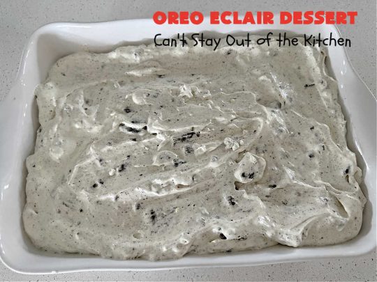 Oreo Éclair Dessert | Can't Stay Out of the Kitchen | This is the ultimate in a luscious, drool-worthy #dessert. It tastes like eating #Éclairs with #Oreos in them yet uses only 6 ingredients! It's topped with a delightful #CreamCheese icing that increases the flavor even more. Top with more #OreoCookies & #MaraschinoCherries for a festive & beautiful company or HolidayDessert that everyone will swoon over! #OreoÉclairDessert