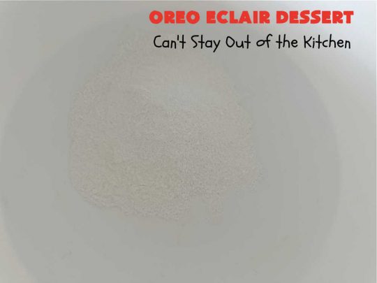 Oreo Éclair Dessert | Can't Stay Out of the Kitchen | This is the ultimate in a luscious, drool-worthy #dessert. It tastes like eating #Éclairs with #Oreos in them yet uses only 6 ingredients! It's topped with a delightful #CreamCheese icing that increases the flavor even more. Top with more #OreoCookies & #MaraschinoCherries for a festive & beautiful company or HolidayDessert that everyone will swoon over! #OreoÉclairDessert