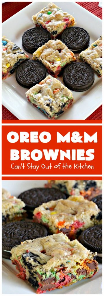 Oreo M&M Brownies | Can't Stay Out of the Kitchen | these over-the-top #brownies are filled with #Oreos & #MMs. They are rich, decadent & divine! If you love M&Ms and Oreos, you'll love the combination in this fantastic #dessert. #Chocolate #tailgating #ChocolateDessert #MMDessert #cookie #OreoDessert #FourthOfJulyDessert #LaborDayDessert