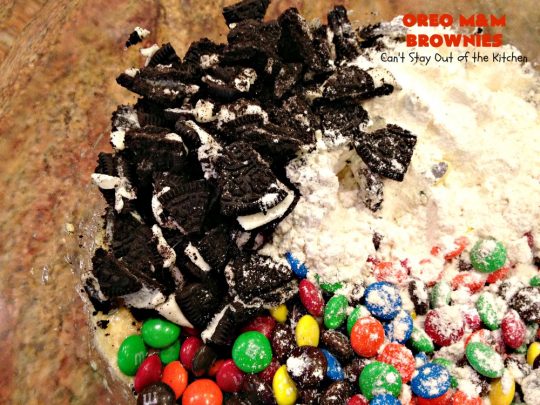 Oreo M&M Brownies | Can't Stay Out of the Kitchen | these over-the-top #brownies are filled with #Oreos & #MMs. They are rich, decadent & divine! If you love M&Ms and Oreos, you'll love the combination in this fantastic #dessert. #Chocolate #tailgating #ChocolateDessert #MMDessert #cookie #OreoDessert #FourthOfJulyDessert #LaborDayDessert