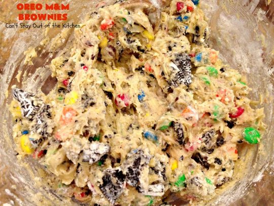 Oreo M&M Brownies | Can't Stay Out of the Kitchen | these over-the-top #brownies are filled with #Oreos & #MMs. They are rich, decadent & divine! If you love M&Ms and Oreos, you'll love the combination in this fantastic #dessert. #Chocolate #tailgating #ChocolateDessert #MMDessert #cookie #OreoDessert #FourthOfJulyDessert #LaborDayDessert