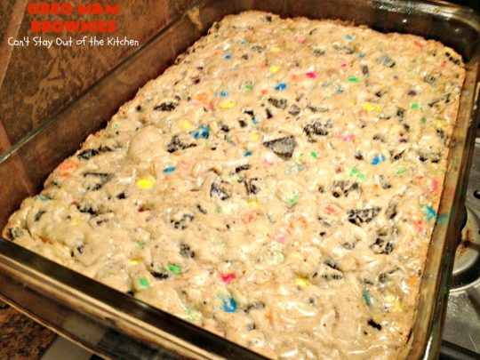 Oreo M&M Brownies | Can't Stay Out of the Kitchen | these over-the-top #brownies are filled with #Oreos & #MMs. They are rich, decadent & divine! If you love M&Ms and Oreos, you'll love the combination in this fantastic #dessert. #Chocolate #tailgating #ChocolateDessert #MMDessert #cookie #OreoDessert #FourthOfJulyDessert #LaborDayDessert