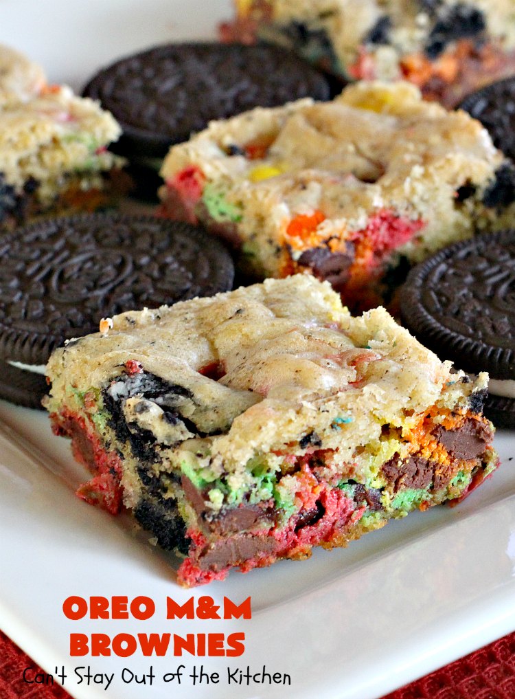Oreo M&M Brownies | Can't Stay Out of the Kitchen | these over-the-top #brownies are filled with #Oreos & #MMs. They are rich, decadent & divine! If you love M&Ms and Oreos, you'll love the combination in this fantastic #dessert. #Chocolate #tailgating #ChocolateDessert #MMDessert #cookie #OreoDessert #FourthOfJulyDessert #LaborDayDessert