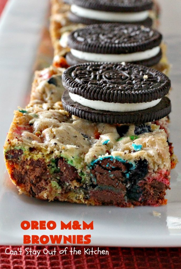 Oreo M&M Brownies | Can't Stay Out of the Kitchen | these over-the-top #brownies are filled with #Oreos & #MMs. They are rich, decadent & divine! If you love M&Ms and Oreos, you'll love the combination in this fantastic #dessert. #Chocolate #tailgating #ChocolateDessert #MMDessert #cookie #OreoDessert #FourthOfJulyDessert #LaborDayDessert