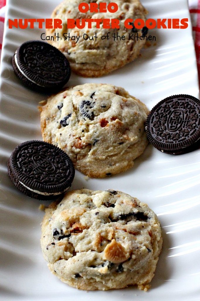 Oreo Nutter Butter Cookies | Can't Stay Out of the Kitchen | these outrageous #cookies have #Oreos & #NutterButterBites. They're perfect for any kid's party, potluck or #tailgating party. #chocolate #dessert #peanutbutter #ChocolateDessert #OreoDessert #PeanutButterDessert #NutterButterBitesDessert #Holiday #HolidayDessert