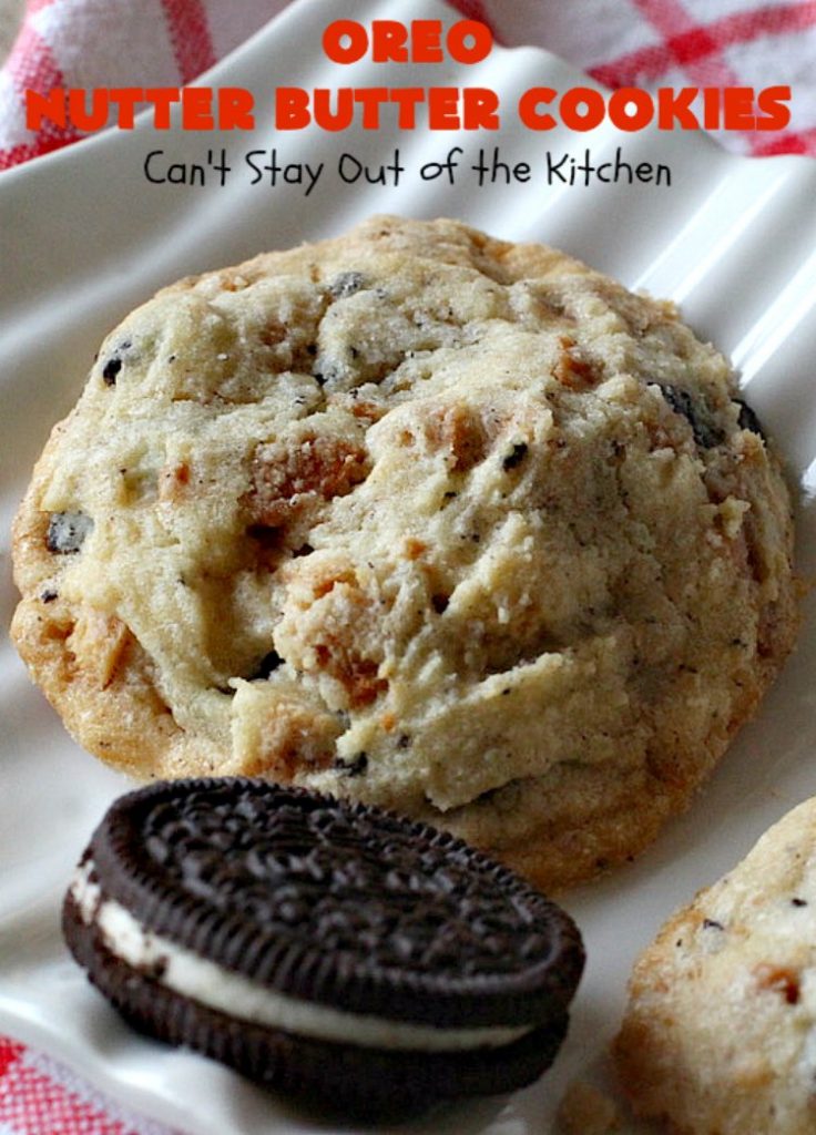 Oreo Nutter Butter Cookies | Can't Stay Out of the Kitchen | these outrageous #cookies have #Oreos & #NutterButterBites. They're perfect for any kid's party, potluck or #tailgating party. #chocolate #dessert #peanutbutter #ChocolateDessert #OreoDessert #PeanutButterDessert #NutterButterBitesDessert #Holiday #HolidayDessert