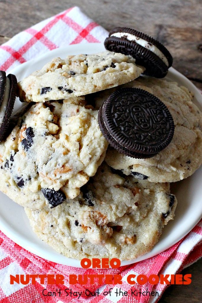 Oreo Nutter Butter Cookies | Can't Stay Out of the Kitchen | these outrageous #cookies have #Oreos & #NutterButterBites. They're perfect for any kid's party, potluck or #tailgating party. #chocolate #dessert #peanutbutter #ChocolateDessert #OreoDessert #PeanutButterDessert #NutterButterBitesDessert #Holiday #HolidayDessert