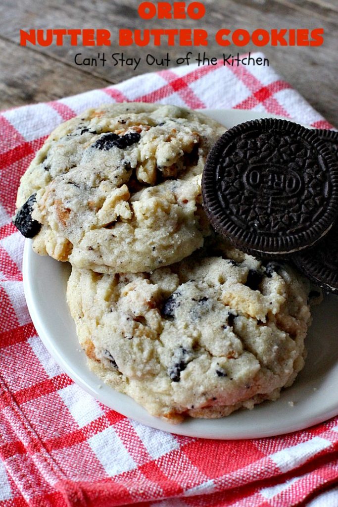 Oreo Nutter Butter Cookies | Can't Stay Out of the Kitchen | these outrageous #cookies have #Oreos & #NutterButterBites. They're perfect for any kid's party, potluck or #tailgating party. #chocolate #dessert #peanutbutter #ChocolateDessert #OreoDessert #PeanutButterDessert #NutterButterBitesDessert #Holiday #HolidayDessert