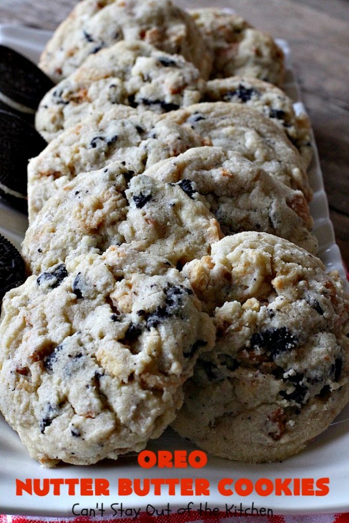 Oreo Nutter Butter Cookies | Can't Stay Out of the Kitchen | these outrageous #cookies have #Oreos & #NutterButterBites. They're perfect for any kid's party, potluck or #tailgating party. #chocolate #dessert #peanutbutter #ChocolateDessert #OreoDessert #PeanutButterDessert #NutterButterBitesDessert #Holiday #HolidayDessert