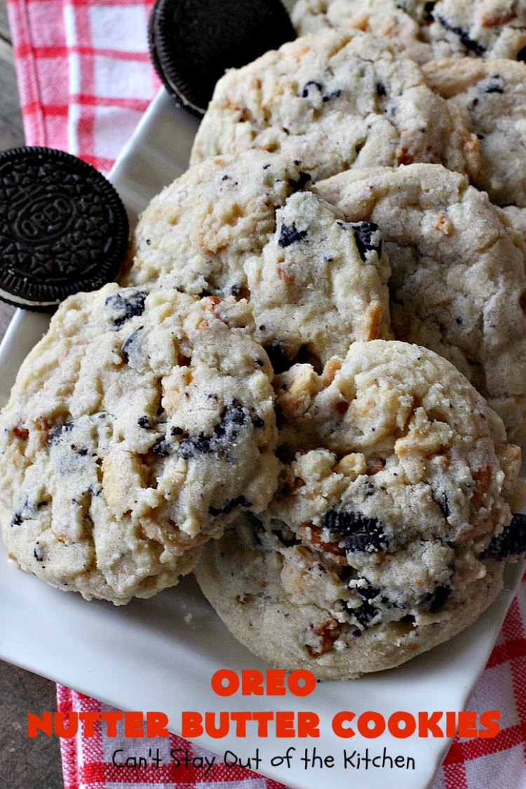 Oreo Nutter Butter Cookies | Can't Stay Out of the Kitchen | these outrageous #cookies have #Oreos & #NutterButterBites. They're perfect for any kid's party, potluck or #tailgating party. #chocolate #dessert #peanutbutter #ChocolateDessert #OreoDessert #PeanutButterDessert #NutterButterBitesDessert #Holiday #HolidayDessert