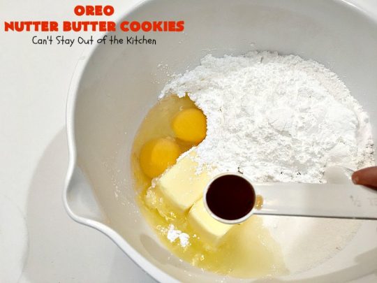 Oreo Nutter Butter Cookies | Can't Stay Out of the Kitchen | these outrageous #cookies have #Oreos & #NutterButterBites. They're perfect for any kid's party, potluck or #tailgating party. #chocolate #dessert #peanutbutter #ChocolateDessert #OreoDessert #PeanutButterDessert #NutterButterBitesDessert #Holiday #HolidayDessert