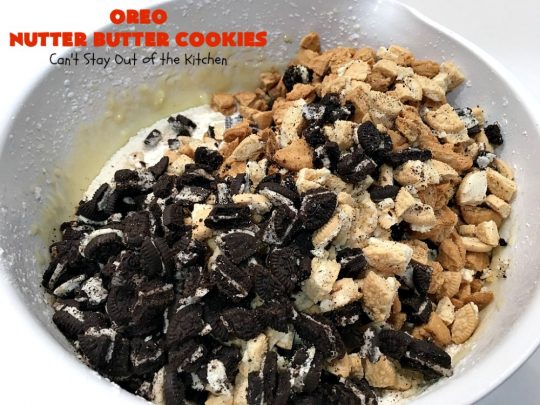 Oreo Nutter Butter Cookies | Can't Stay Out of the Kitchen | these outrageous #cookies have #Oreos & #NutterButterBites. They're perfect for any kid's party, potluck or #tailgating party. #chocolate #dessert #peanutbutter #ChocolateDessert #OreoDessert #PeanutButterDessert #NutterButterBitesDessert #Holiday #HolidayDessert