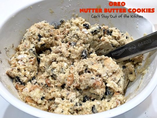 Oreo Nutter Butter Cookies | Can't Stay Out of the Kitchen | these outrageous #cookies have #Oreos & #NutterButterBites. They're perfect for any kid's party, potluck or #tailgating party. #chocolate #dessert #peanutbutter #ChocolateDessert #OreoDessert #PeanutButterDessert #NutterButterBitesDessert #Holiday #HolidayDessert