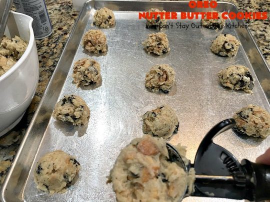 Oreo Nutter Butter Cookies | Can't Stay Out of the Kitchen | these outrageous #cookies have #Oreos & #NutterButterBites. They're perfect for any kid's party, potluck or #tailgating party. #chocolate #dessert #peanutbutter #ChocolateDessert #OreoDessert #PeanutButterDessert #NutterButterBitesDessert #Holiday #HolidayDessert
