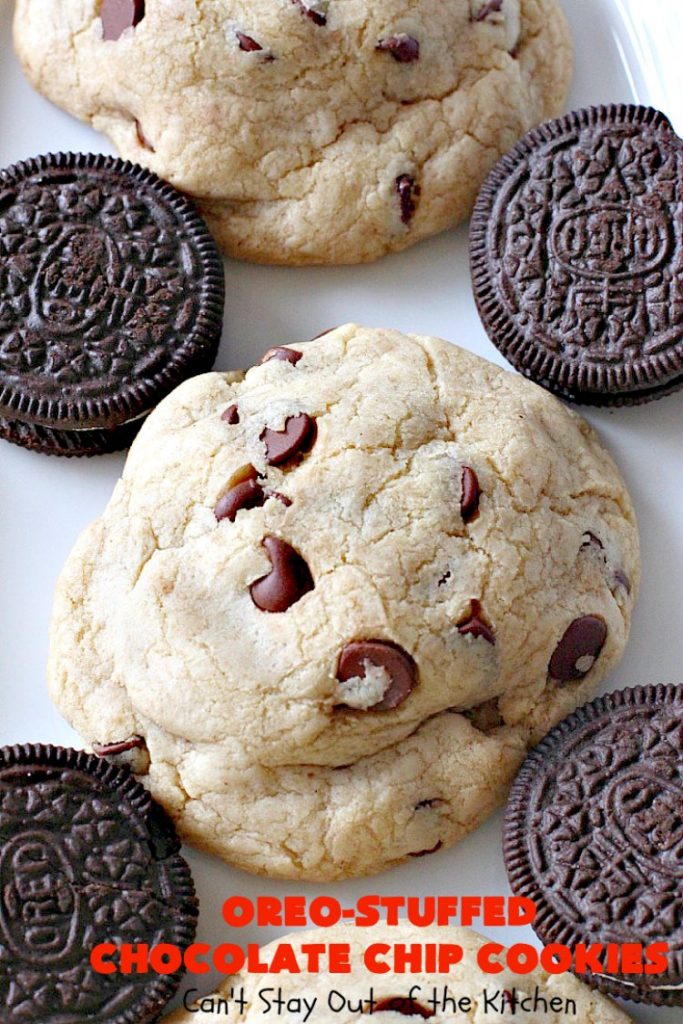 Oreo-Stuffed Chocolate Chip Cookies | Can't Stay Out of the Kitchen | these sensational #chocolate chip #cookies have an #Oreo buried in each cookie! They're so rich & decadent you'll be drooling after the first bite! Perfect for #Christmas cookie exchanges & #holiday parties. #dessert