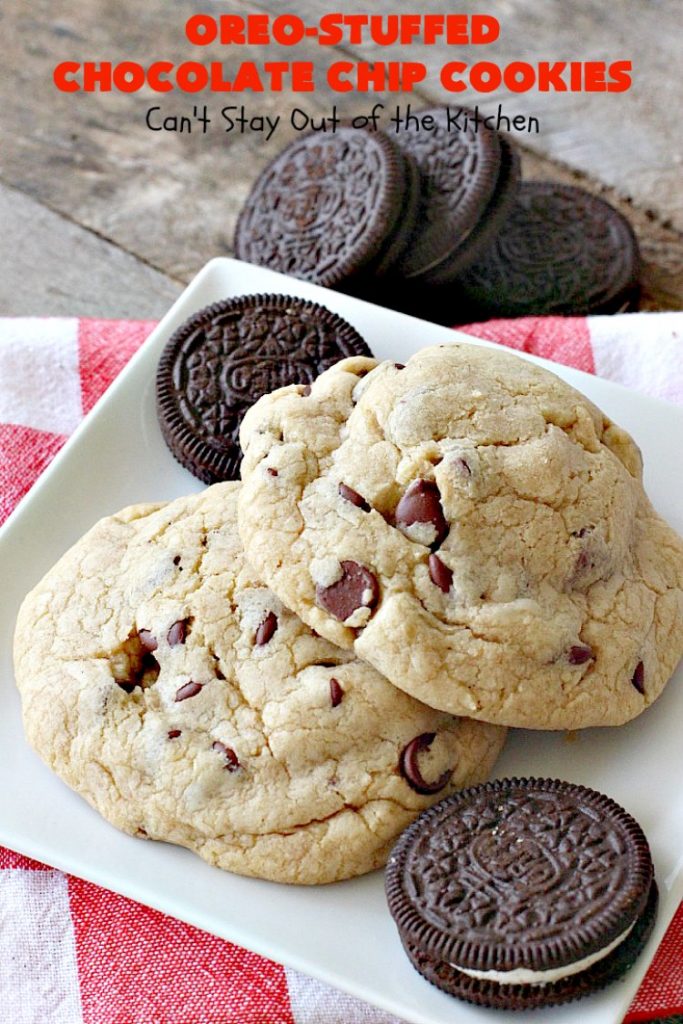 Oreo-Stuffed Chocolate Chip Cookies | Can't Stay Out of the Kitchen | these sensational #chocolate chip #cookies have an #Oreo buried in each cookie! They're so rich & decadent you'll be drooling after the first bite! Perfect for #Christmas cookie exchanges & #holiday parties. #dessert