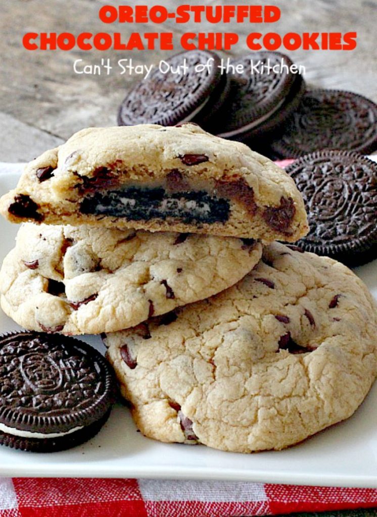 Oreo-Stuffed Chocolate Chip Cookies | Can't Stay Out of the Kitchen | these sensational #chocolate chip #cookies have an #Oreo buried in each cookie! They're so rich & decadent you'll be drooling after the first bite! Perfect for #Christmas cookie exchanges & #holiday parties. #dessert