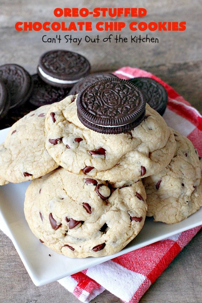 Oreo-Stuffed Chocolate Chip Cookies | Can't Stay Out of the Kitchen | these sensational #chocolate chip #cookies have an #Oreo buried in each cookie! They're so rich & decadent you'll be drooling after the first bite! Perfect for #Christmas cookie exchanges & #holiday parties. #dessert