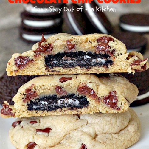 Oreo-Stuffed Chocolate Chip Cookies | Can't Stay Out of the Kitchen | these sensational #chocolate chip #cookies have an #Oreo buried in each cookie! They're so rich & decadent you'll be drooling after the first bite! Perfect for #Christmas cookie exchanges & #holiday parties. #dessert