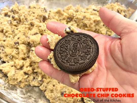 Oreo-Stuffed Chocolate Chip Cookies | Can't Stay Out of the Kitchen | these sensational #chocolate chip #cookies have an #Oreo buried in each cookie! They're so rich & decadent you'll be drooling after the first bite! Perfect for #Christmas cookie exchanges & #holiday parties. #dessert