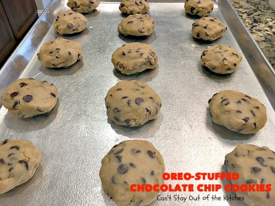 Oreo-Stuffed Chocolate Chip Cookies | Can't Stay Out of the Kitchen | these sensational #chocolate chip #cookies have an #Oreo buried in each cookie! They're so rich & decadent you'll be drooling after the first bite! Perfect for #Christmas cookie exchanges & #holiday parties. #dessert