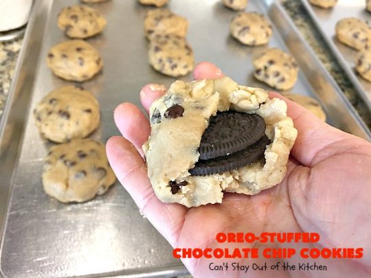 Oreo-Stuffed Chocolate Chip Cookies | Can't Stay Out of the Kitchen | these sensational #chocolate chip #cookies have an #Oreo buried in each cookie! They're so rich & decadent you'll be drooling after the first bite! Perfect for #Christmas cookie exchanges & #holiday parties. #dessert
