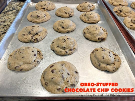 Oreo-Stuffed Chocolate Chip Cookies | Can't Stay Out of the Kitchen | these sensational #chocolate chip #cookies have an #Oreo buried in each cookie! They're so rich & decadent you'll be drooling after the first bite! Perfect for #Christmas cookie exchanges & #holiday parties. #dessert
