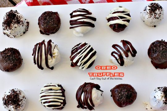 Oreo Truffles | Can't Stay Out of the Kitchen | Oh my gosh, heavenly doesn't begin to describe these amazing #truffles. Made with #Oreos, #creamcheese & #chocolate & vanilla bark. Fabulous for any party. #dessert