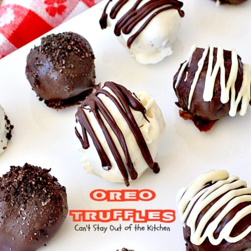 Oreo Truffles | Can't Stay Out of the Kitchen | Oh my gosh, heavenly doesn't begin to describe these amazing #truffles. Made with #Oreos, #creamcheese & #chocolate & vanilla bark. Fabulous for any party. #dessert