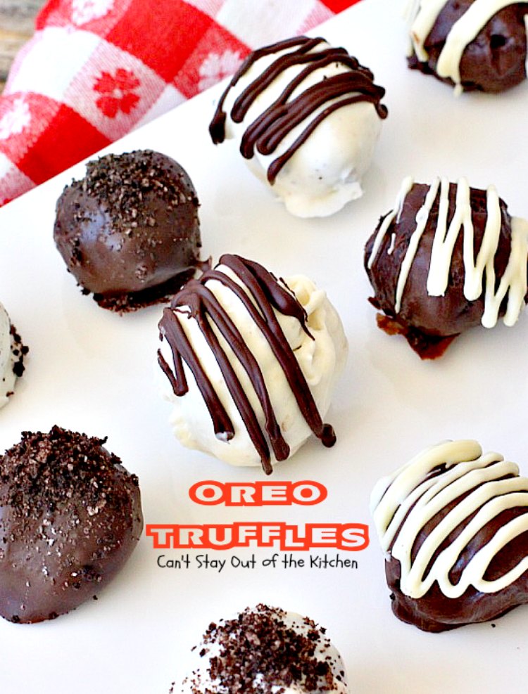 Oreo Truffles | Can't Stay Out of the Kitchen | Oh my gosh, heavenly doesn't begin to describe these amazing #truffles. Made with #Oreos, #creamcheese & #chocolate & vanilla bark. Fabulous for any party. #dessert