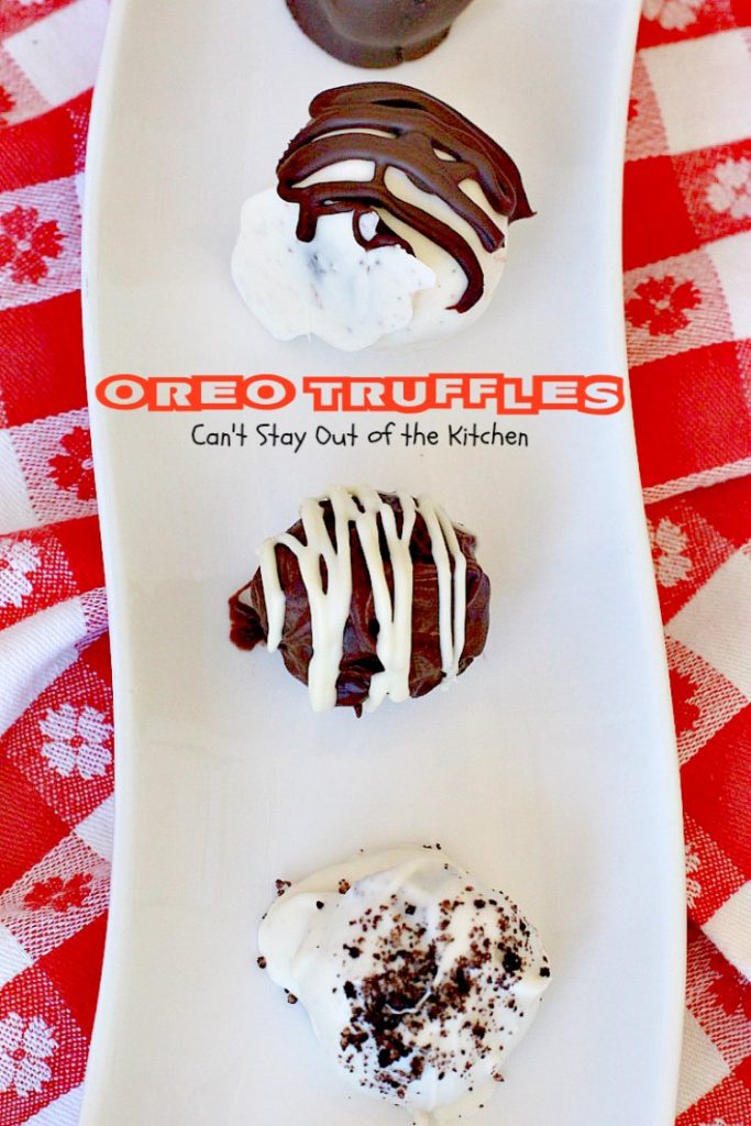 Oreo Truffles | Can't Stay Out of the Kitchen | Oh my gosh, heavenly doesn't begin to describe these amazing #truffles. Made with #Oreos, #creamcheese & #chocolate & vanilla bark. Fabulous for any party. #dessert