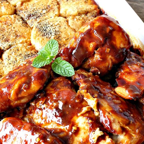 Oven Barbecued Chicken and Biscuits | Can't Stay Out of the Kitchen | this quick & easy 7-ingredient #chicken entree is perfect for weeknights when you're short on time. It only takes 5 minutes to prepare. This kid-friendly #casserole is absolutely mouthwatering. Our company loved it. #biscuits #BBQ #parmesancheese #BBQChicken