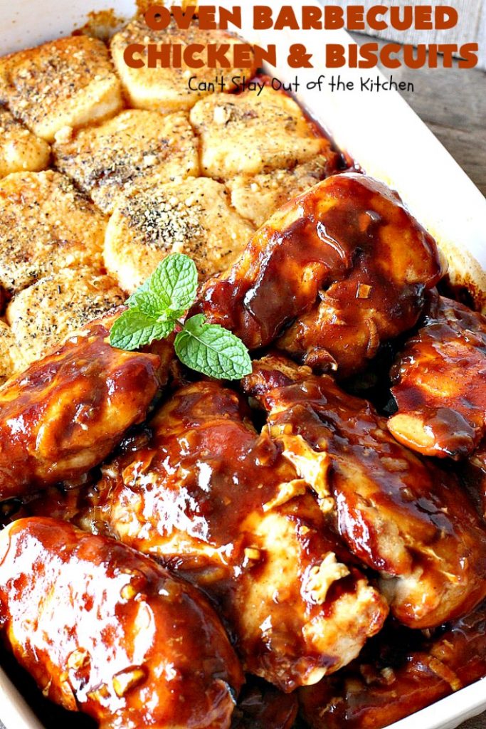 Oven Barbecued Chicken and Biscuits | Can't Stay Out of the Kitchen | this quick & easy 7-ingredient #chicken entree is perfect for weeknights when you're short on time. It only takes 5 minutes to prepare. This kid-friendly #casserole is absolutely mouthwatering. Our company loved it. #biscuits #BBQ #parmesancheese #BBQChicken 
